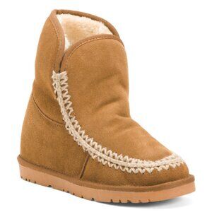 NEW TOP3 Suede Cozy Booties With Faux Fur Interior And Back Bows camel 462tn